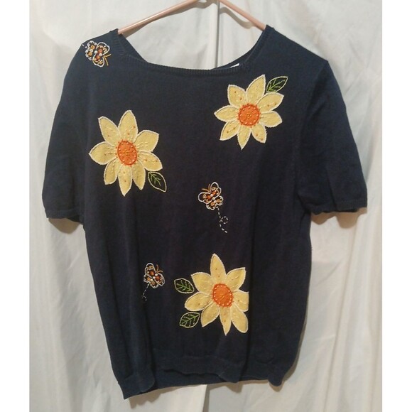 Vintage Knit Alfred Dunner Flower Butterfly Short Sleeved Shirt Medium - Picture 1 of 9